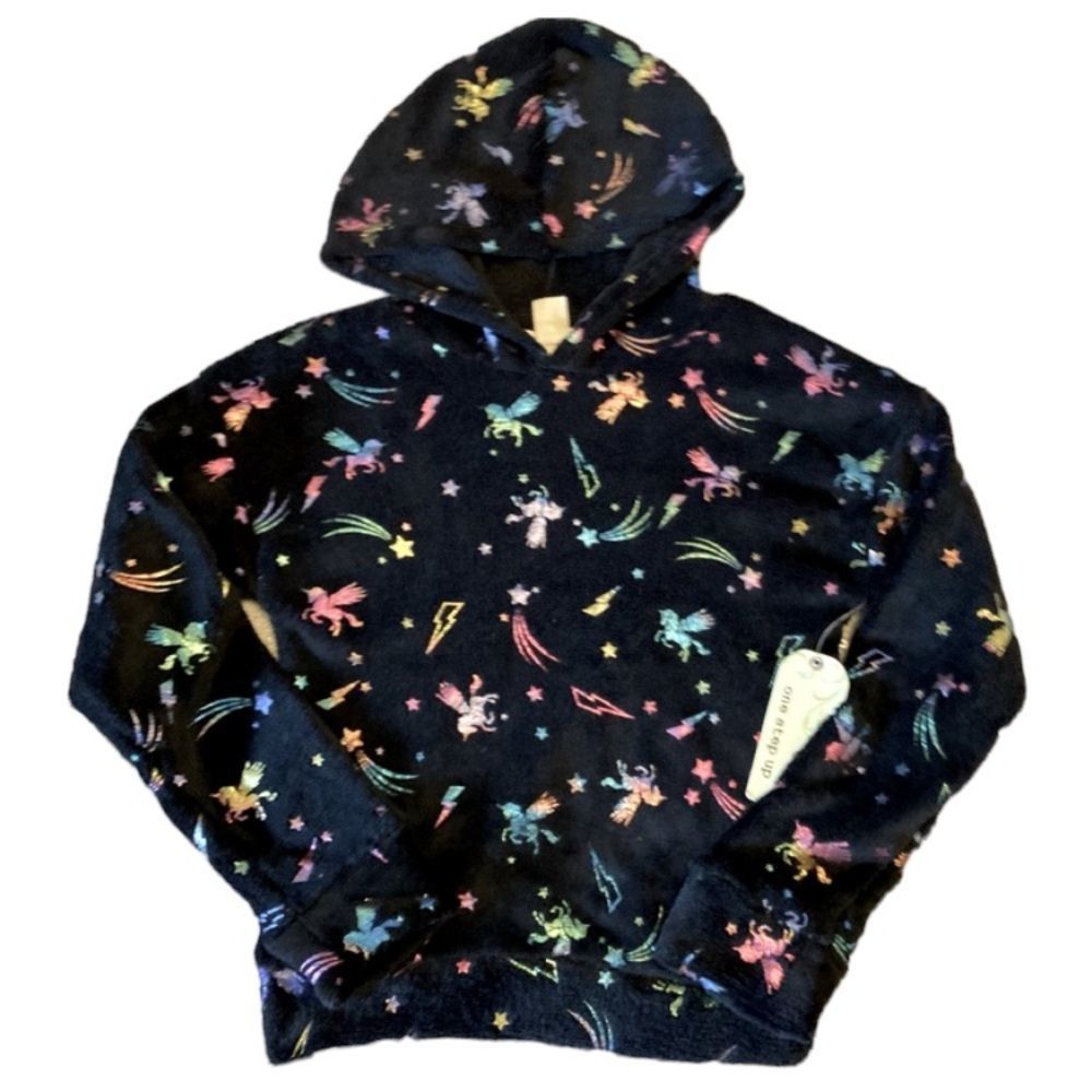 Girls Black Fleece Unicorn Sweatshirt hoodie Large NWT